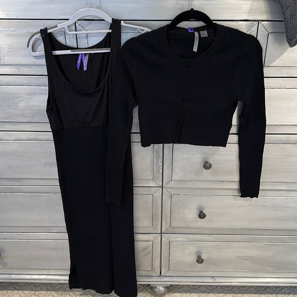 Long Sleeve Black Ribbed Maternity & Nursing Midi Dress - PETITE LENGTH